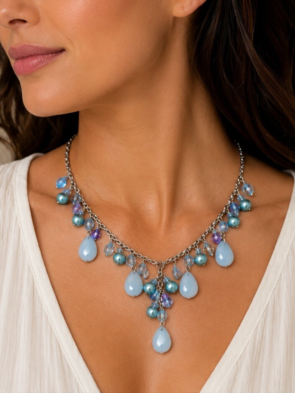 3/$30 Icy Blue Acrylic Beaded Teardrop Prism Bauble Lavalier Necklace